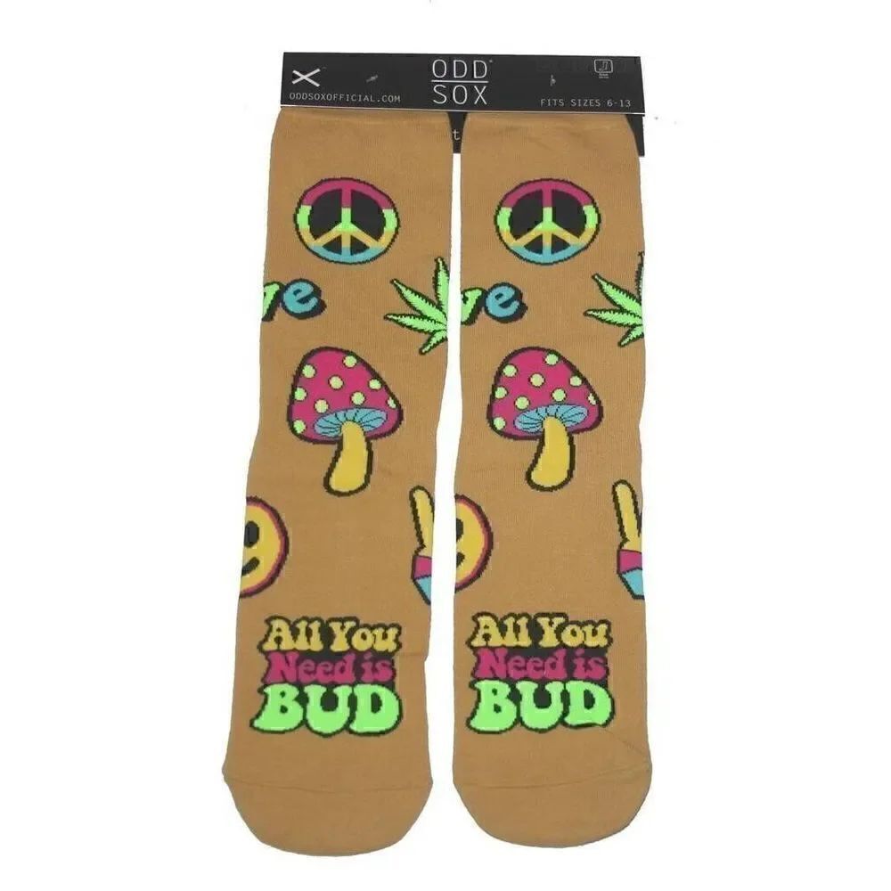 Odd Sox All You Need is BUD LOVE Peace Novelty Crew Socks Fits Sizes 6-13 NWT